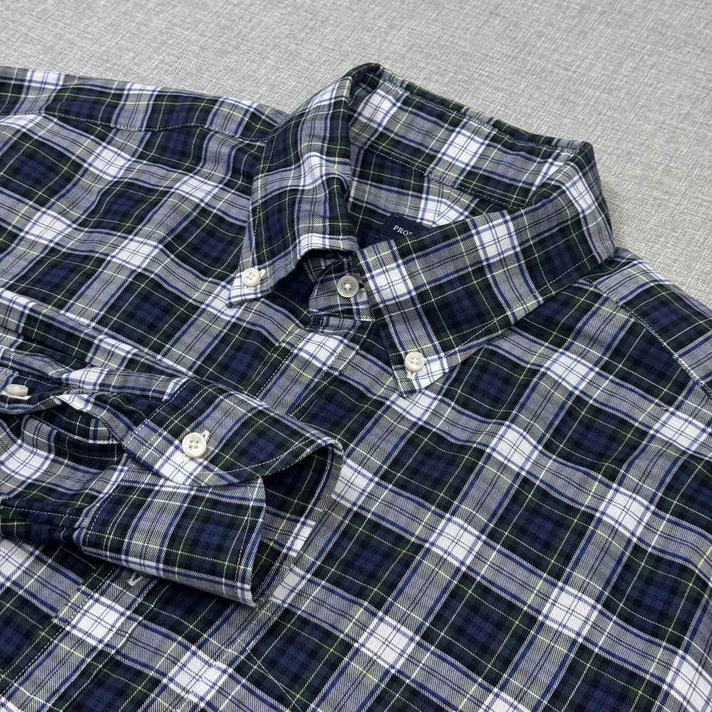 Proper Cloth Button Shirt Mens 17.5 Green Blue Tartan Plaid Long Sleeve Cotton
